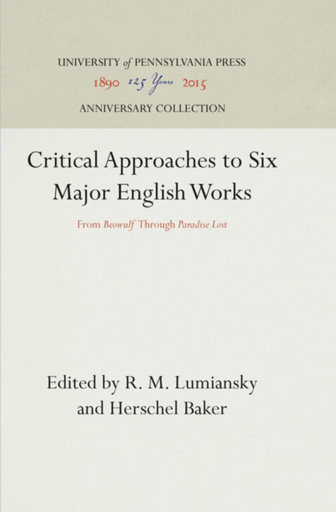Cover image for Critical Approaches to Six Major English Works ISBN 9780812210071